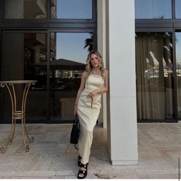 ZARA CREAM SATIN EFFECT MIDI DRESS - Picture 8 of 16